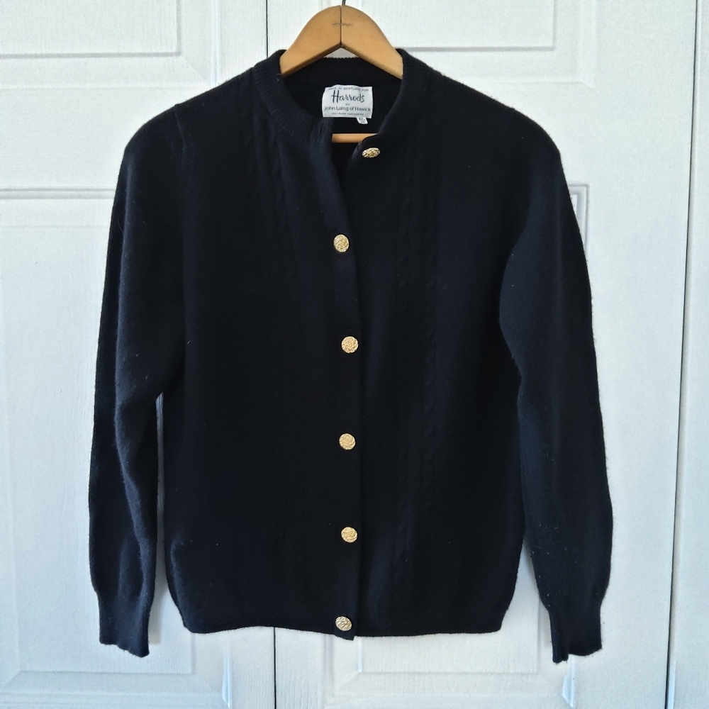 Harrods Vintage Black Cashmere Cable Cardigan Sweater